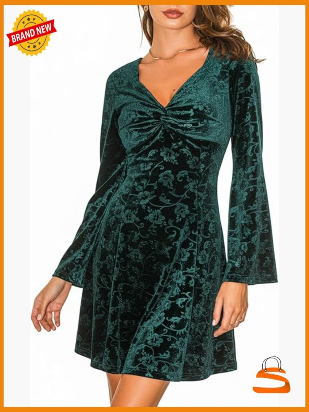 Vintage Velvet Floral Mini Dress Flare Sleeve V-Neck Party Guest Evening